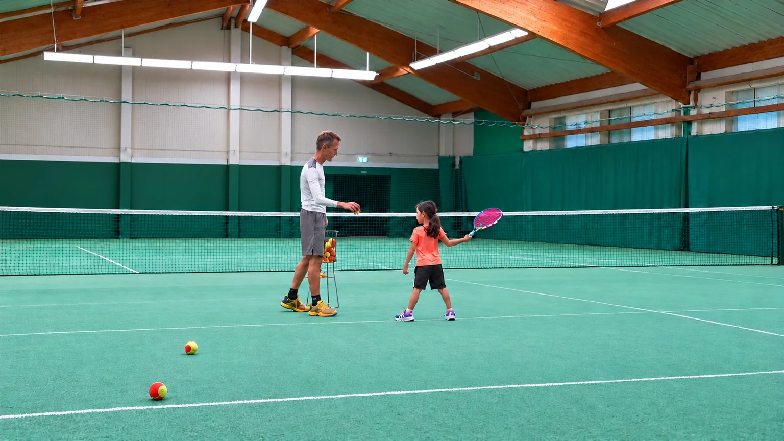 Kind beim persönlichen Tennistraining in der Halle